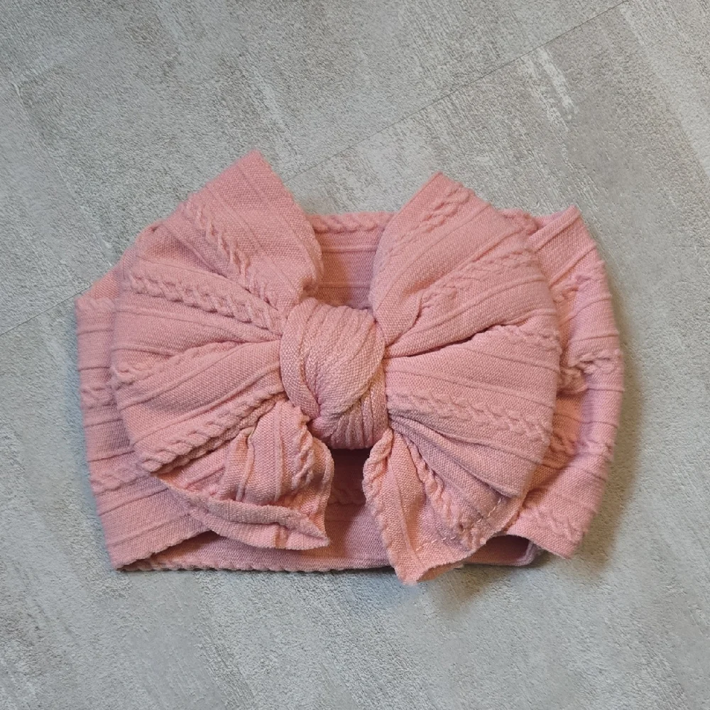Dusty Pink Cable Knit Baby Headband Oversized Bow Soft Stretchy Nylon Hairband